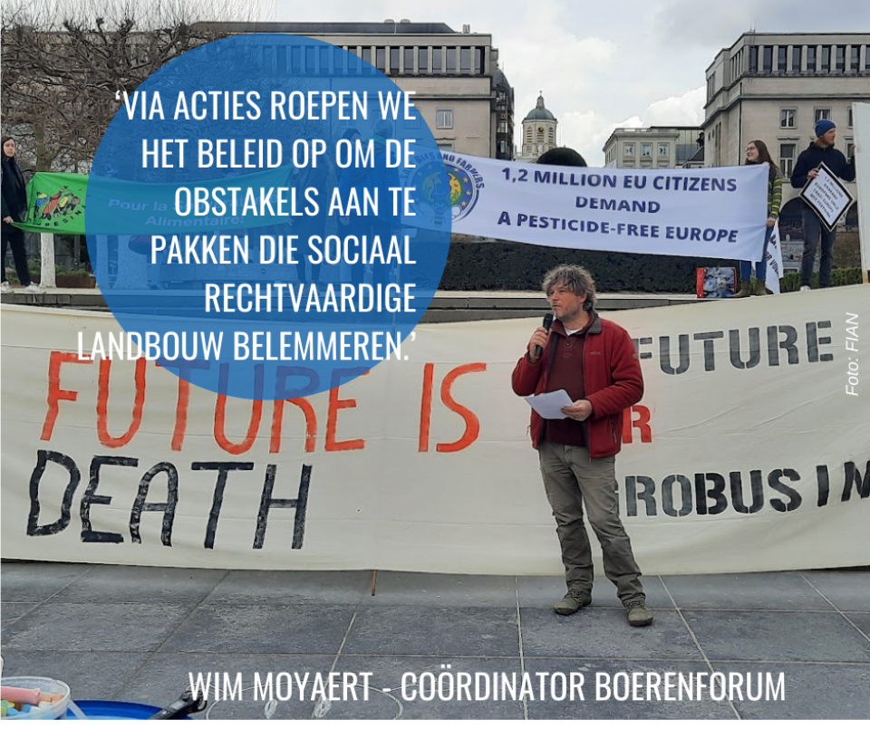 Wim Moyaert tijdens de actie 'No FFA' tegen de pesticidenindustrie in Brussel, 15 maart 2022